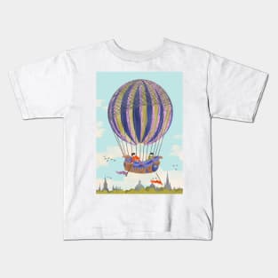 Early hot air balloon flying over Oxford city Kids T-Shirt